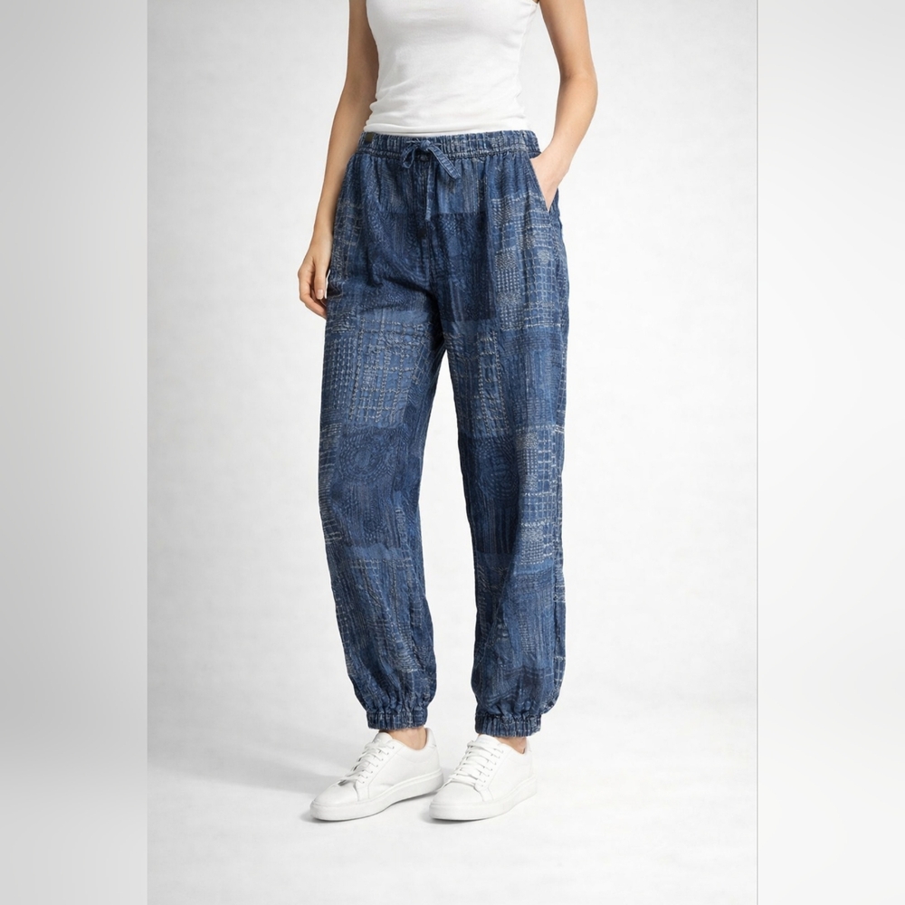 Johnny Was Blue Jeans Embroidered Jogger Pants Elastic Waist Lyocell Size XL NWT